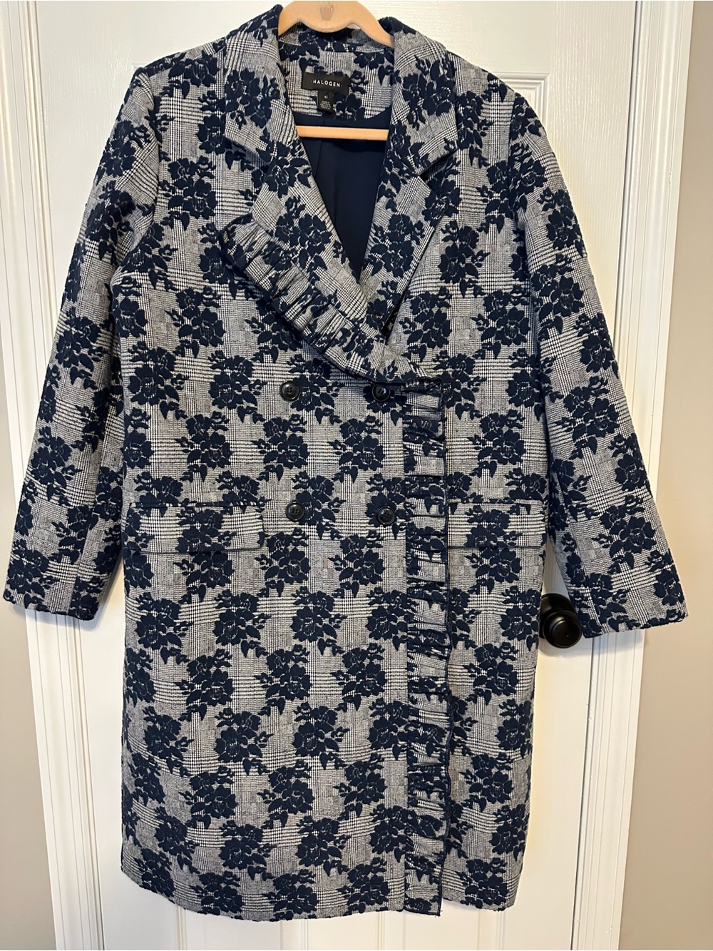 Halogen Navy Floral Plaid Double-Breasted Coat